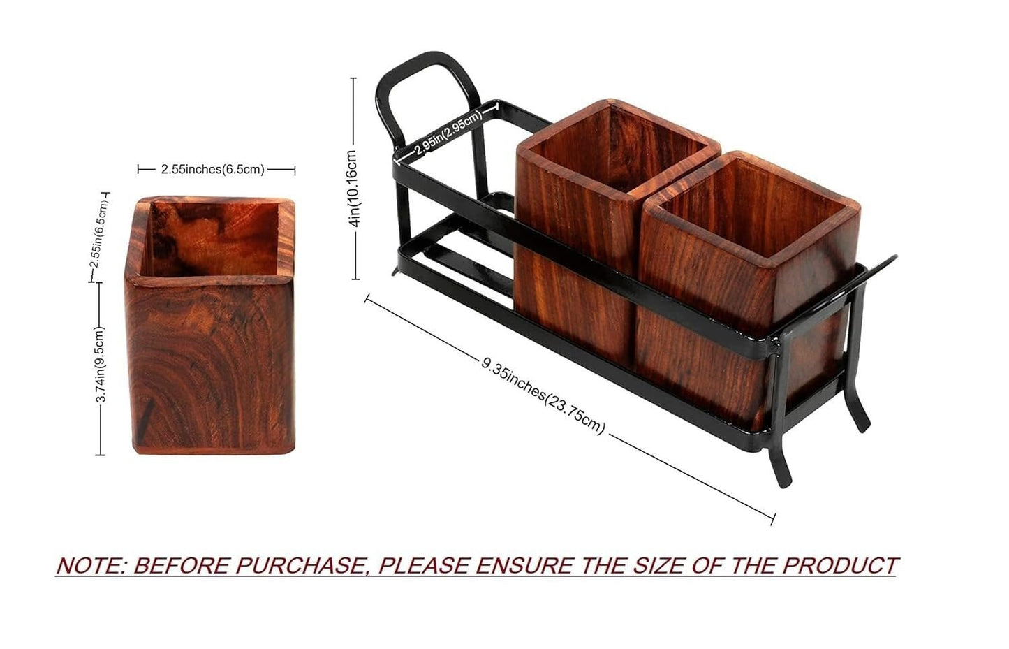 Wood & Wrought Iron Multipurpose Cutlery Holder | 3 Wooden Jars | Kitchen Table Organizer