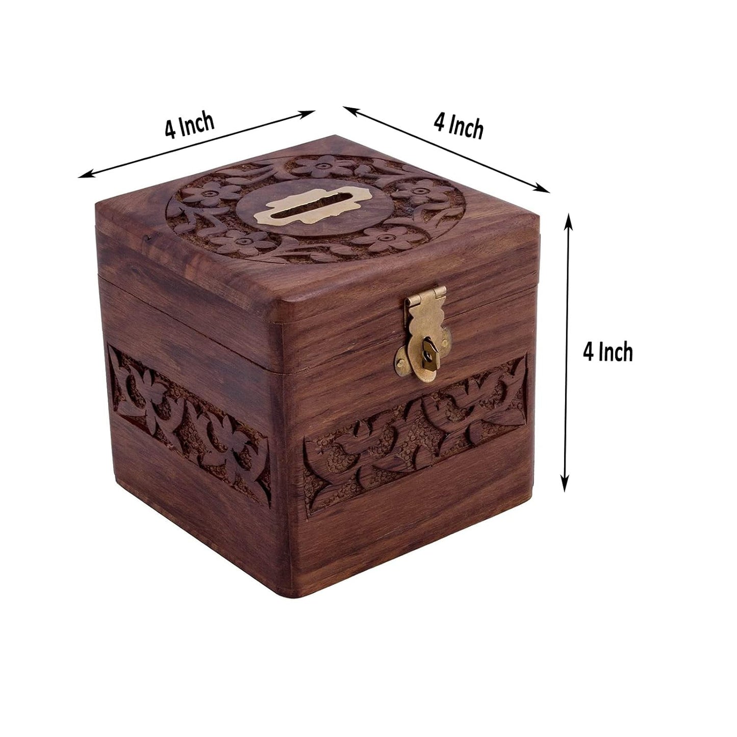 Wooden Handmade Piggy Coin Storage 4 Inch Fully Carved Coin Bank