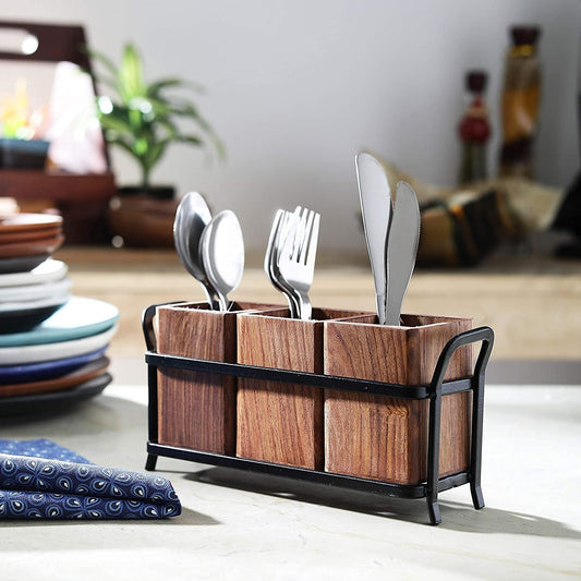 Wood & Wrought Iron Multipurpose Cutlery Holder | 3 Wooden Jars | Kitchen Table Organizer