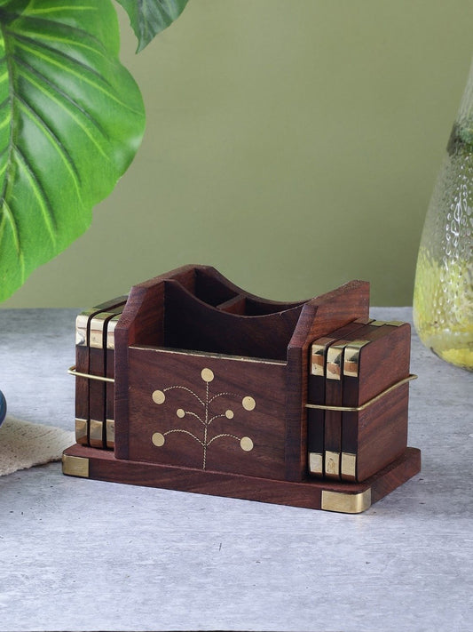 Wooden Cutlery Holder with 6 Pieces Floral Coaster