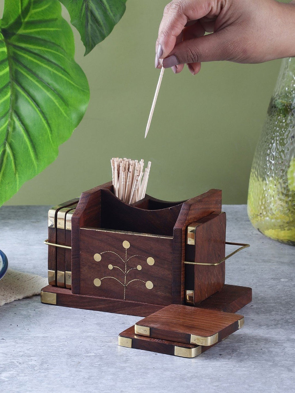 Wooden Cutlery Holder with 6 Pieces Floral Coaster