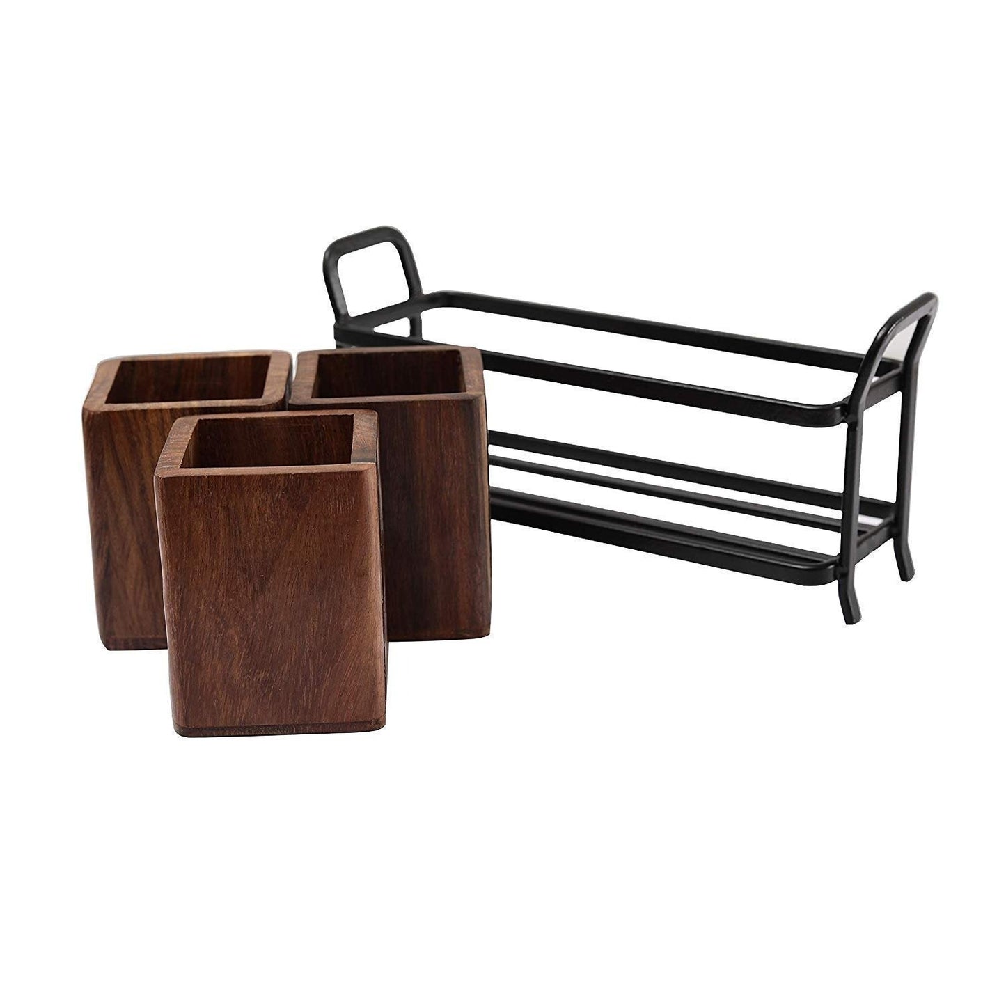 Wood & Wrought Iron Multipurpose Cutlery Holder | 3 Wooden Jars | Kitchen Table Organizer