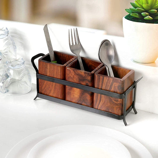 Wood & Wrought Iron Multipurpose Cutlery Holder | 3 Wooden Jars | Kitchen Table Organizer