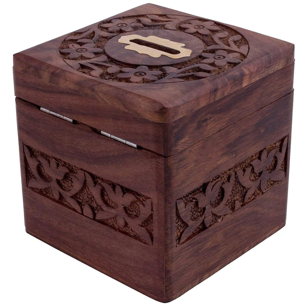 Wooden Handmade Piggy Coin Storage 4 Inch Fully Carved Coin Bank