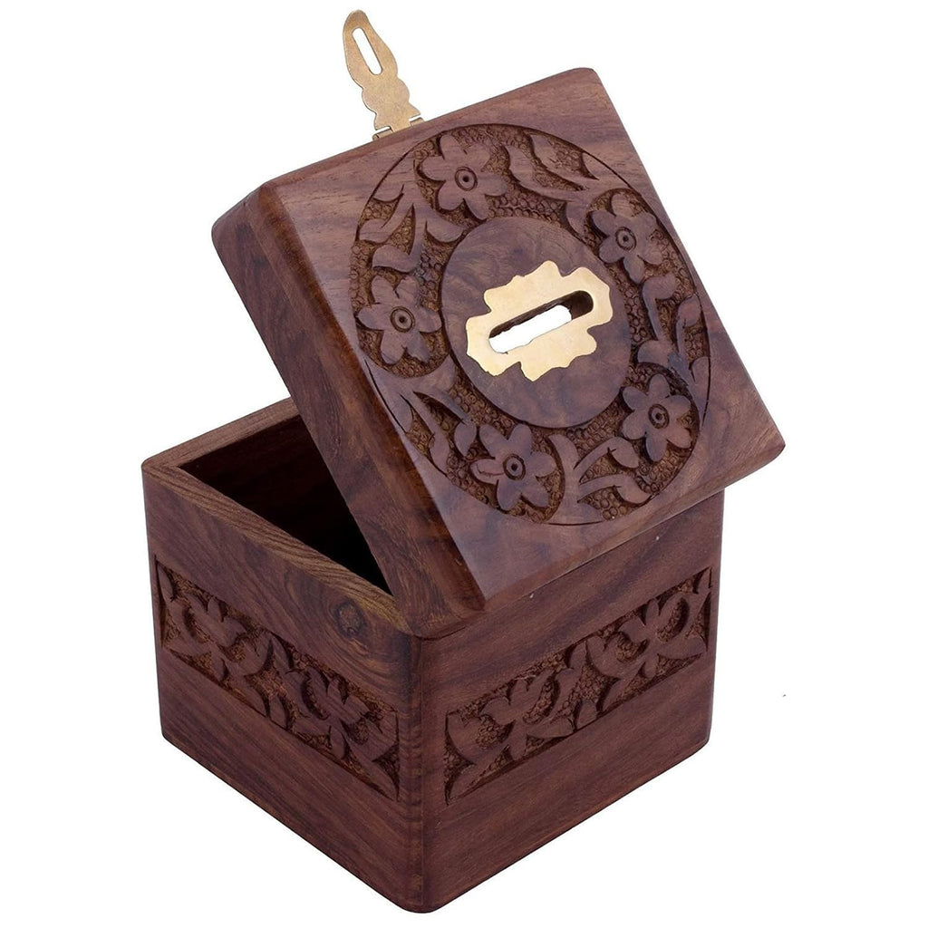 Wooden Handmade Piggy Coin Storage 4 Inch Fully Carved Coin Bank