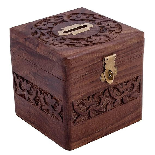Wooden Handmade Piggy Coin Storage 4 Inch Fully Carved Coin Bank