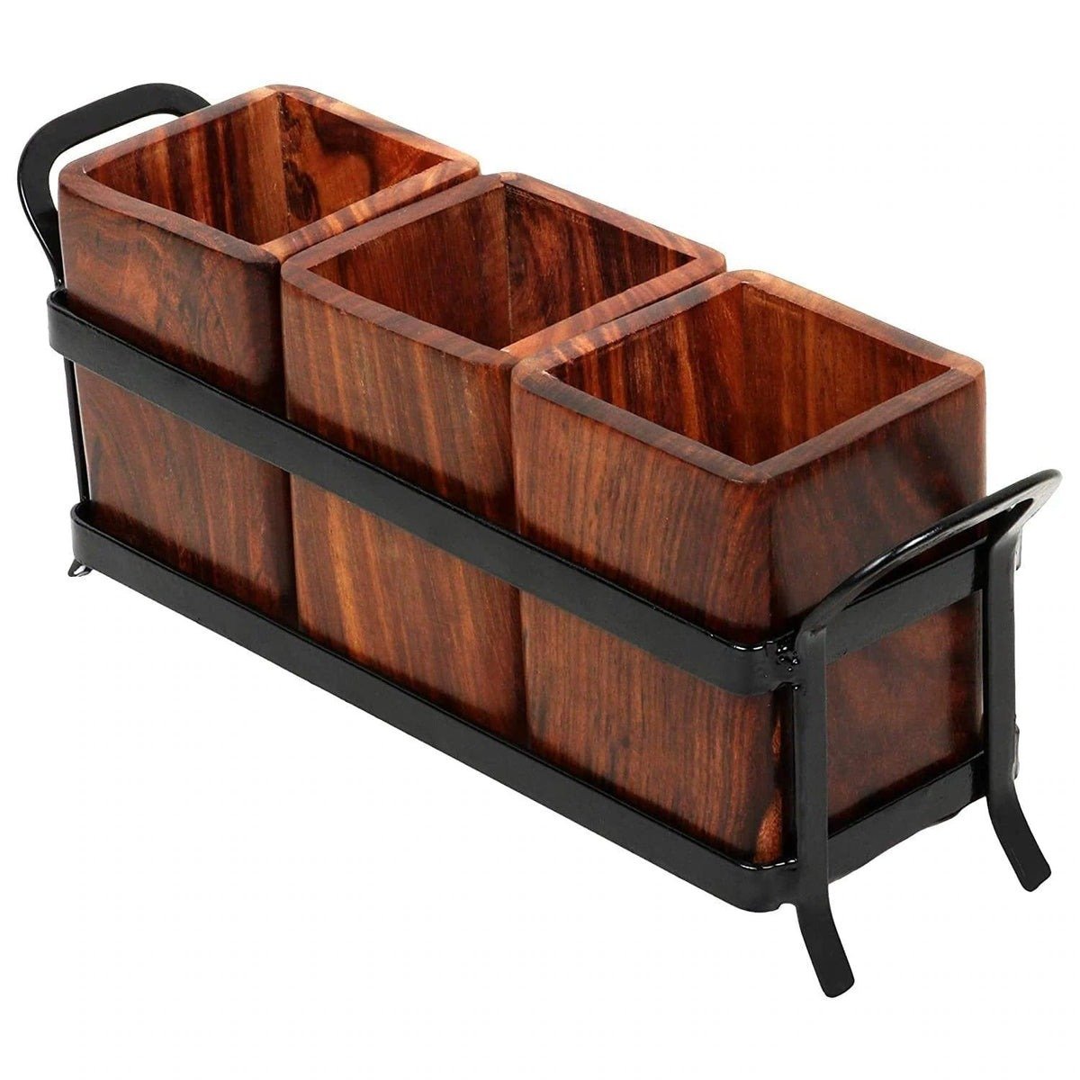 Wood & Wrought Iron Multipurpose Cutlery Holder | 3 Wooden Jars | Kitchen Table Organizer